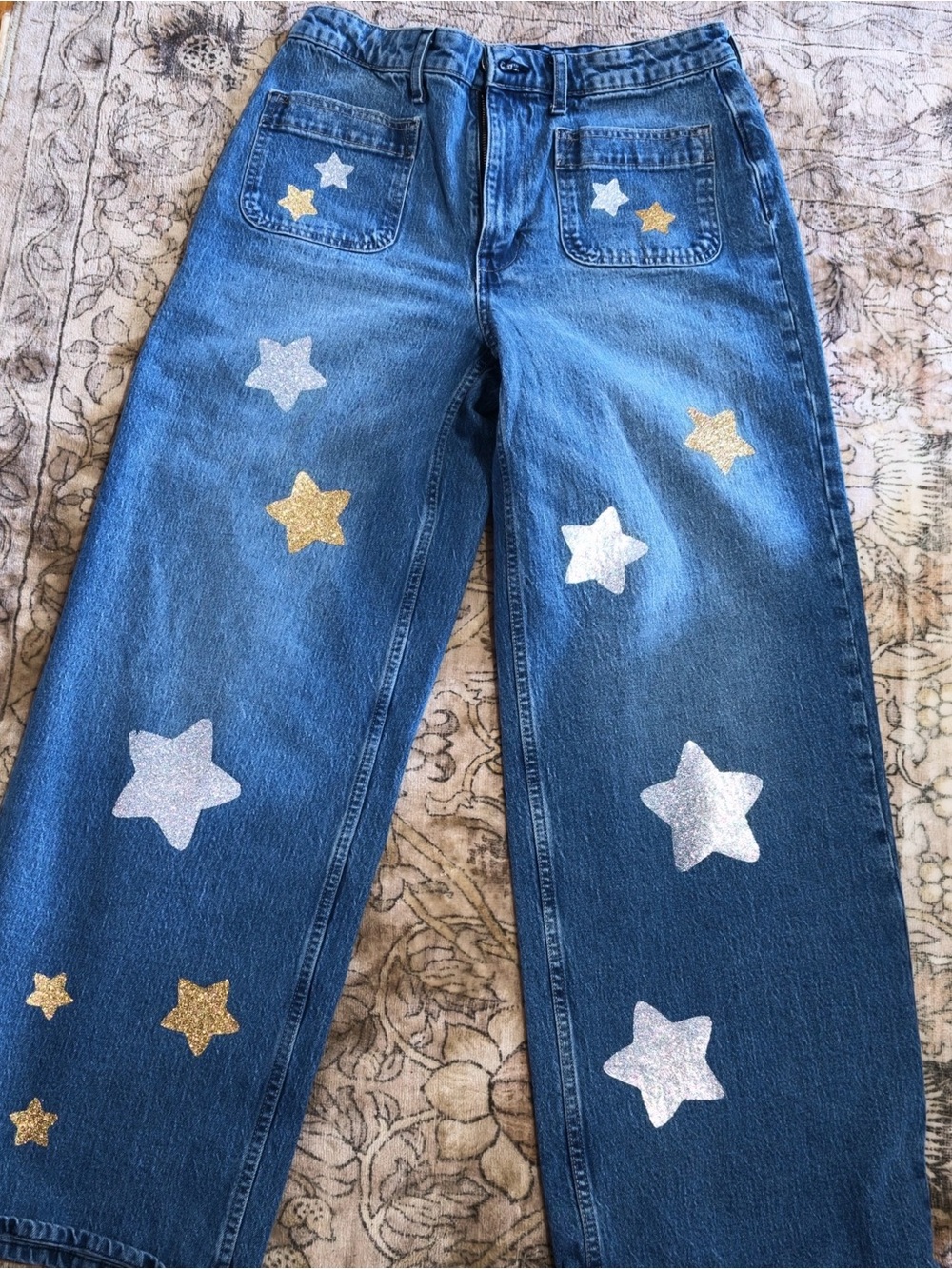 Wide Leg Blue Denim Jeans with Gold & Silver Star Appliqués